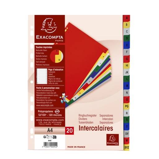 [D102330] Separatore alfabetico A-Z a 20 TACCHE PPL colorato A4 94E Exacompta