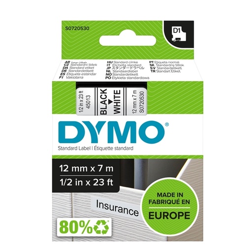 [D27861] NASTRO DYMO TIPO D1 (12MMX7M) NERO/BIANCO 450130