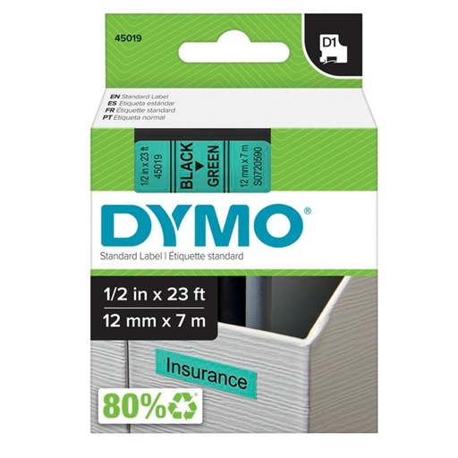 [D27870] NASTRO DYMO TIPO D1 (12MMX7M) NERO/VERDE 450190