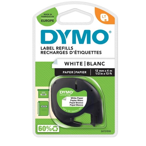 [D27935] NASTRO IN CARTA DYMO LETRATAG 12MMX4M BIANCO 912000