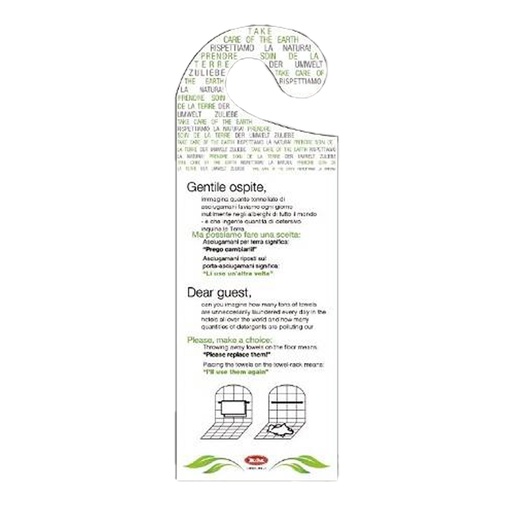 [D102981] Conf. 20 Appendiporta hotel "cambio asciugamani" cartoncino plastificato Leone