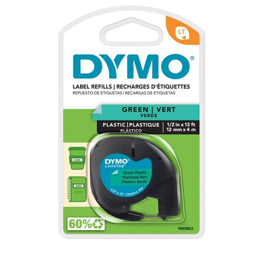 [D27939] NASTRO IN PLASTICA DYMO LETRATAG 12MMX4M VERDE 912040