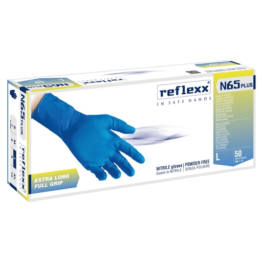 [D103260] Conf 50 Guanti in nitrile N65 Plus s/polvere taglia L blu Reflexx