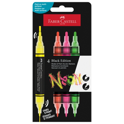 [D103396] Astuccio 4 marcatori ShakePaint Black Edition colori assortiti neon Faber-Castel