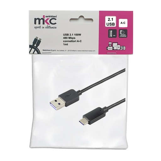 [D103593] Cavo USB 2.0 100W 480Mbps con connettori A-C - 1mt