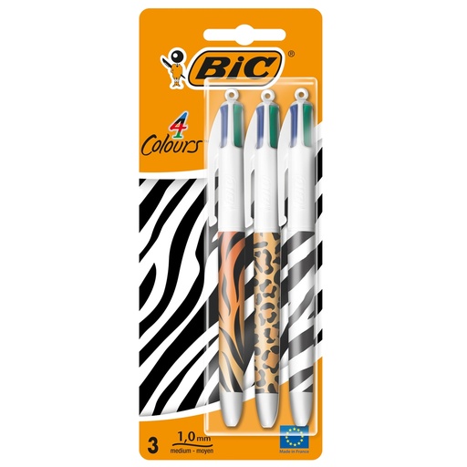 [D103620] Blister 3pz penna sfera a scatto 4 Colori  Animalier 1.0mm BICR (Delist)