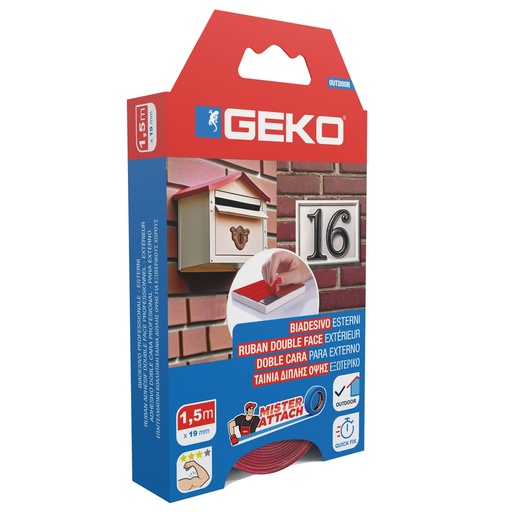 [D103642] Nastro biadesivo OUTDOOR Mister Attach 19mmx1,5m grigio/rosso Geko