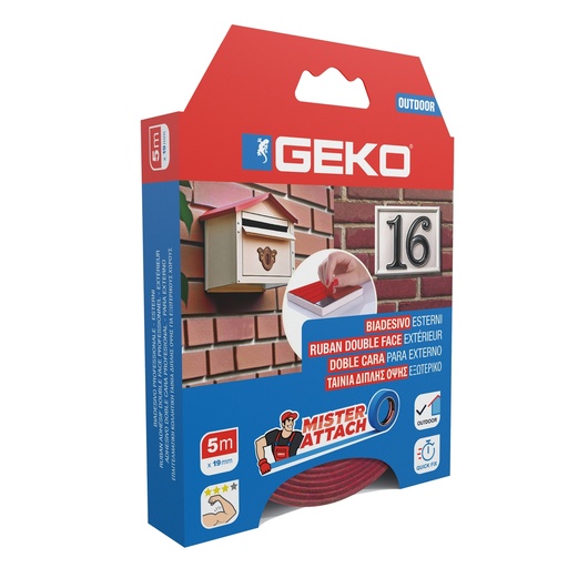 [D103643] Nastro biadesivo OUTDOOR Mister Attach 19mmx5m grigio/rosso Geko