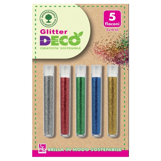 [D103890] Blister 5 flaconi glitter Bio grana fine 10ml colori assortiti Deco