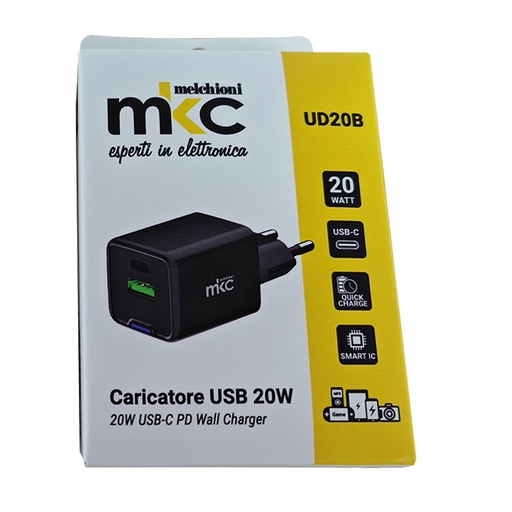 [D103977] Caricatore USB 20W 1 USB-C+ 1 USB-A Nero -Mkc