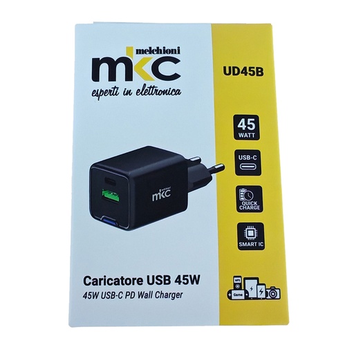 [D103981] Caricatore USB 45W 1 USB-C+ 1 USB-A Nero -Mkc