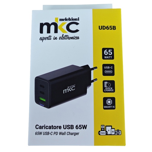 [D103982] Caricatore USB 65W 2 USB-C+ 1 USB-A Nero-Mkc