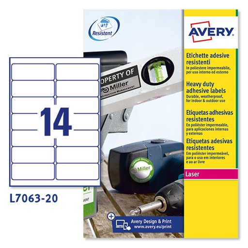 [D63344] Poliestere adesivo L7063 bianco 20fg A4 99,1x38,1mm (14et/fg) laser Avery