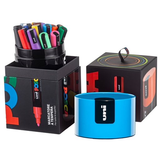 [D96542] Gift Box c/cop. blu 18 Uni Posca PC5M p. media col.ass. UNI