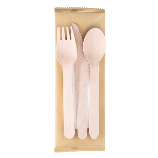 [D96707] 100 Tris posate monouso in legno con tovagliolo 16 cm Signor Bio