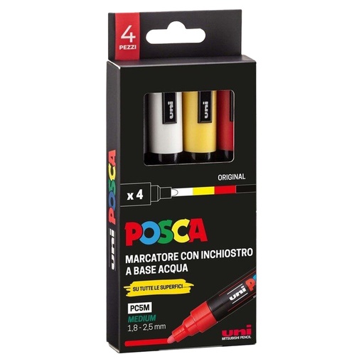 [D96780] Astuccio 4 marcatore Uni Posca PC5M p.media 1,8-2,5mm col.ass. original UNI