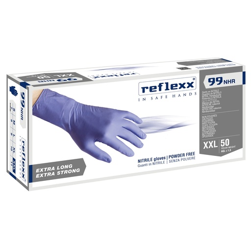 [D96892] Conf 50 Guanti In Nitrile R99 tg XXL ultra resist manic. lunga indaco Reflexx