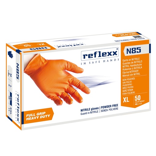 [D96895] Conf 50 Guanti In Nitrile N85 arancione tg XL ultra resistenti Reflexx