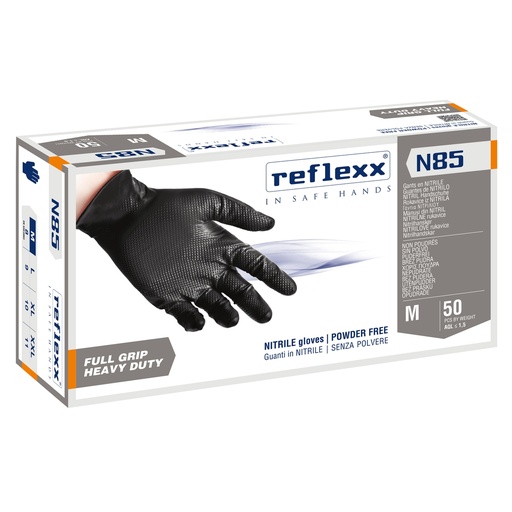 [D96897] Conf 50 Guanti In Nitrile N85B nero tg M ultra resistenti Reflexx