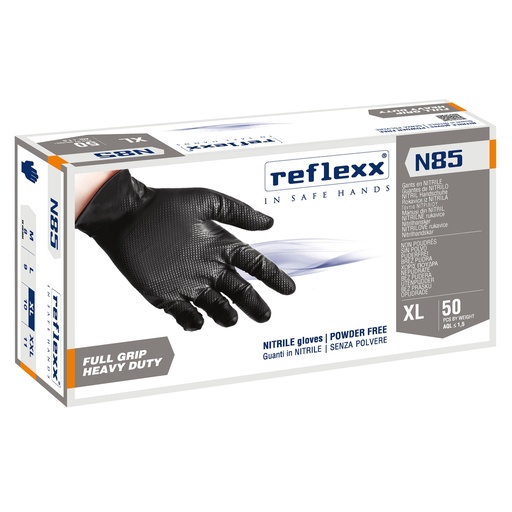 [D96899] Conf 50 Guanti In Nitrile N85B nero tg XL ultra resistenti Reflexx