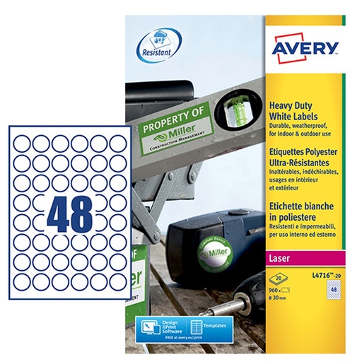 [D96942] Poliestere adesivo L4716 bianco 20fg A4 D 30mm (48et/fg) laser Avery
