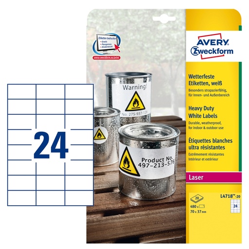 [D96943] Poliestere adesivo L4718 bianco 20fg A4 70x37mm (24et/fg) laser Avery