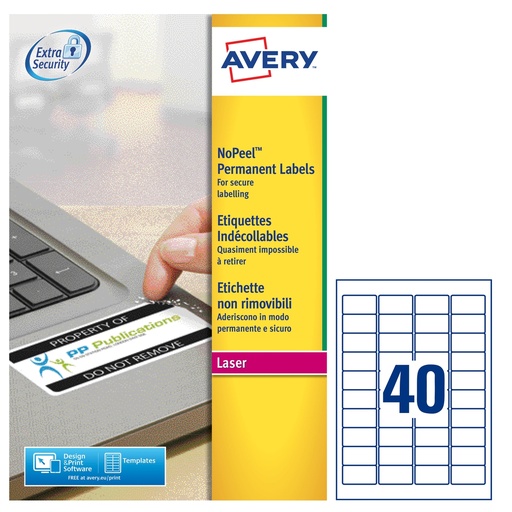 [D96945] Poliestere adesivo L6145 bianco antim. 20fg A4 45,7x25,4mm(40et/fg) laser Avery