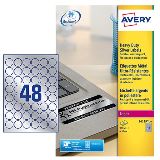 [D96946] Poliestere adesivo L6129 argento 20fg A4 D 30mm(48et/fg) laser Avery