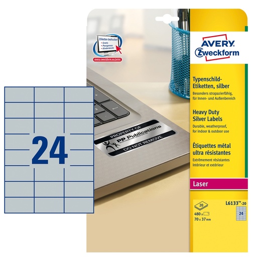 [D96947] Poliestere adesivo L6133 argento 20fg A4 70x37mm (24et/fg) laser Avery