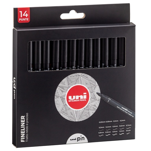 [D97631] Astuccio Pin fineliner nero 14 gradazioni assortiti Uni Mitsubishi