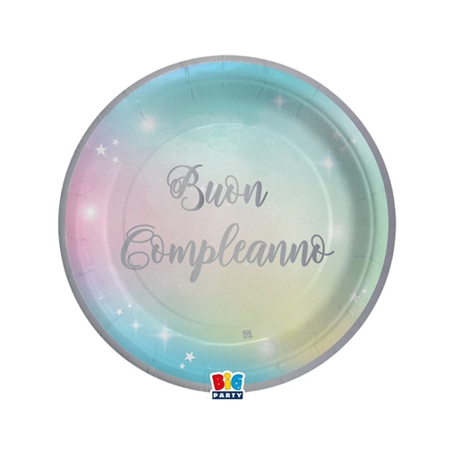 [D99162] 8 piatti D18cm Buon Compleanno Soft Rainbow Big Party