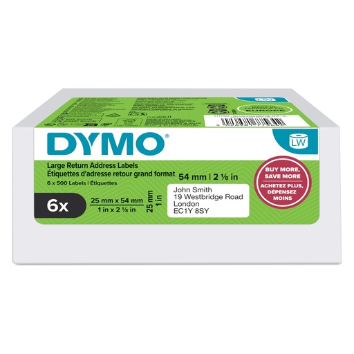 [D99557] Value Pack 6 rotoli etichette LW per Indirizzi 25 x 54mm bianco Dymo