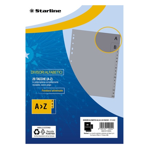 [DSTL5502] Divisori alfabetici (A-Z) in PP 20 tacche F.to A4 21x29,7cm grigio Starline