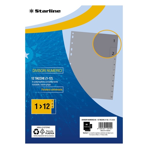 [DSTL5506] Divisori numerici (1-12) in PP 12 tacche F.to A4 21x29,7cm Grigio Starline