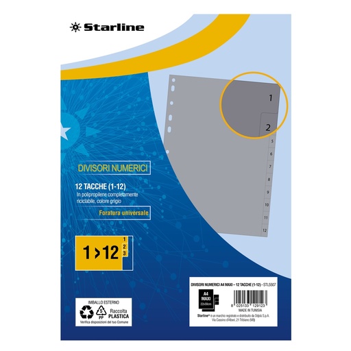 [DSTL5507] Divisori numerici (1-12) in PP 12 tacche F.to A4 MAXI 24,5x30cm Grigio Starline