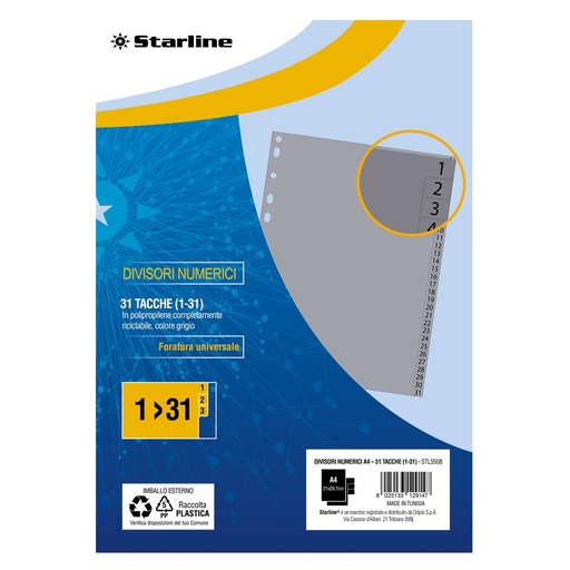 [DSTL5508] Divisori numerici (1-31) in PP 31 tacche F.to A4 21x29,7cm -Grigio Starline
