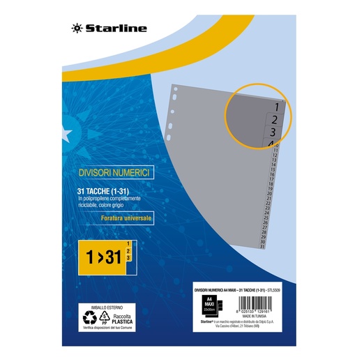 [DSTL5509] Divisori numerici (1-31) in PP 31 tacche F.to A4 MAXI 24,5x30cm Grigio Starline