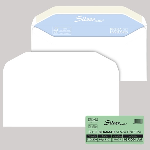 [D32070] 25 buste SILVER MATIC FSC(R) gommata bianca s/finestra 110x230mm 80gr Pigna
