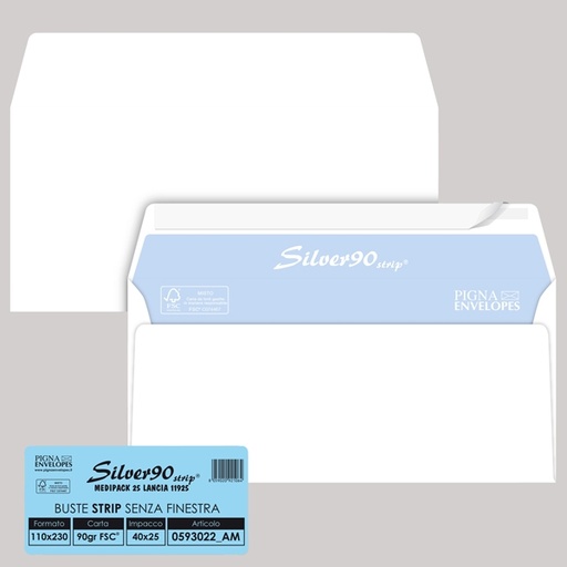 [D32073] 25 buste SILVER90 STRIP FSC(R)bianca internografata s/finestra110x230mm90gr Pigna