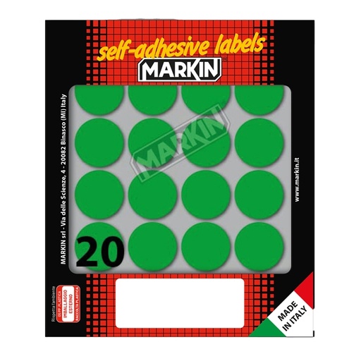 [D36386] Etichetta adesiva verde tonda diam.27mm (10fogli x 20etichette) Markin