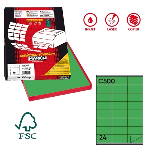 [D36905] Etichetta adesiva C/500 verde 100fg A4 70x36mm (24et/fg) Markin