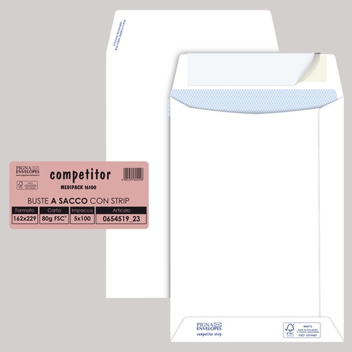 [D36982] 100 buste sacco COMPETITOR FSC(R) bianca strip adesivo 160x230mm 80gr Pigna