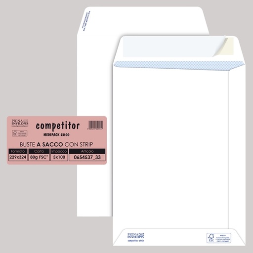 [D36984] Buste Sacco COMPETITOR pz.100 FSC(R) bianca strip adesivo 230x330mm 80gr Pigna