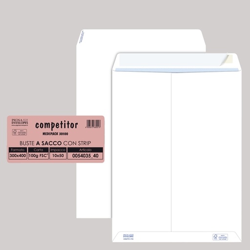 [D36985] Buste a Sacco COMPETITOR pz.50 FSC(R) bianca strip adesivo 300x400mm 80gr Pigna
