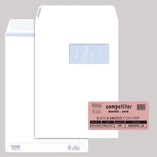 [D37369] 500 buste saccoCOMPETITOR FSC(R)bianca strip adesivo c/finestra230x330mm100grPigna