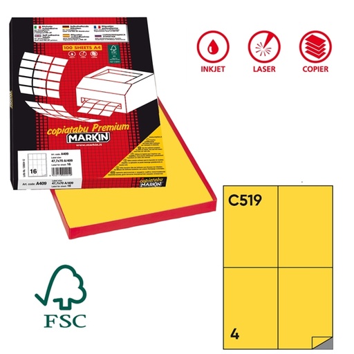 [D40575] Etichetta adesiva C/519 giallo 100fg A4 105x148,5mm (4et/fg) Markin