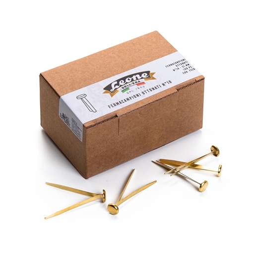[D44683] SCATOLA 100 FERMACAMPIONI SEMIGIGANTI N.10 50MM OTTONATI