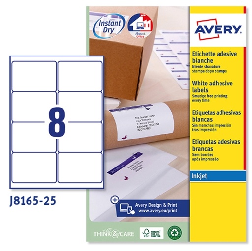 [D45193] Etichetta adesiva J8165 bianca 25fg A4 99,1x67,7mm (8et/fg) inkjet Avery