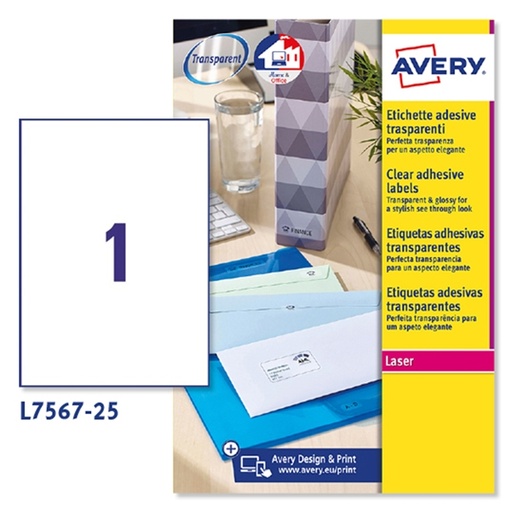 [D45202] Poliestere adesivo L7567 trasparente 25fg A4 210x297mm (1et/fg) laser Avery