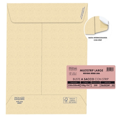[D46964] 250 buste sacco MULTI STRIP LARGE avana carta ric. 230x330x40mm 100gr Pigna